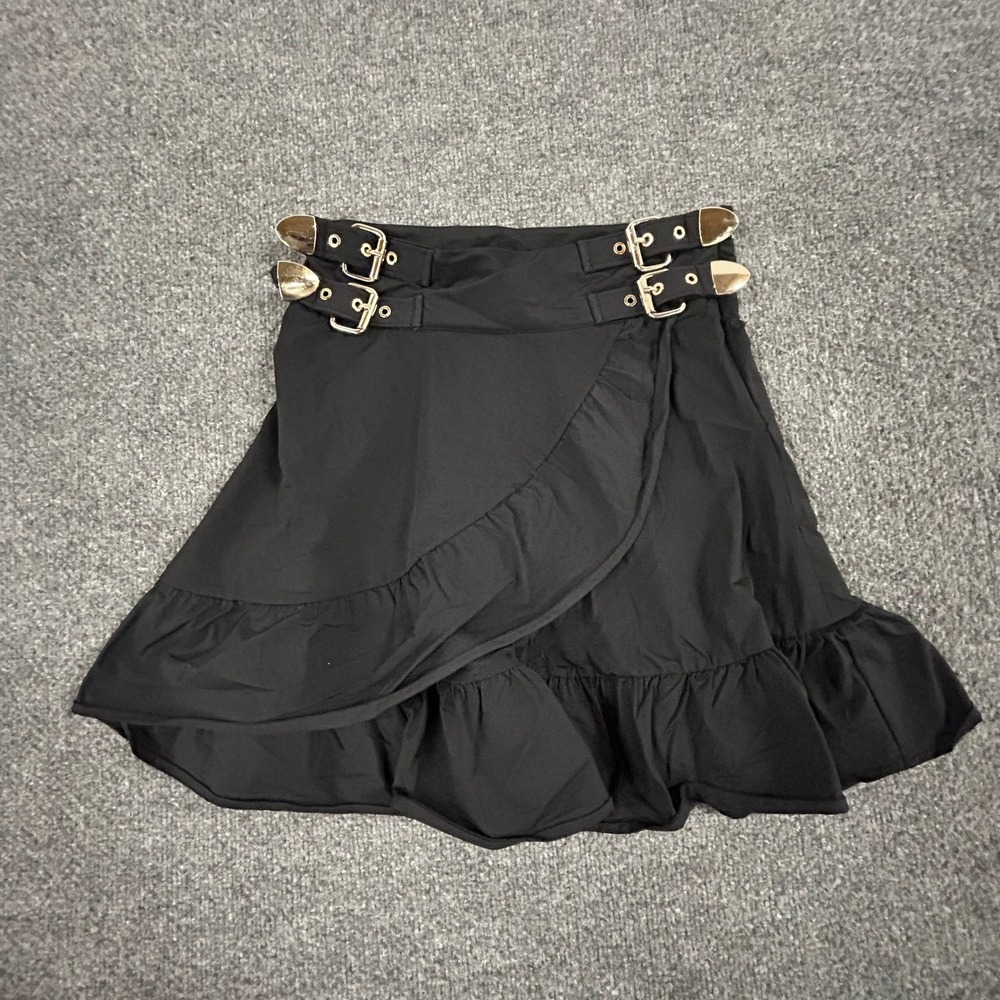 Nikkie Wrap Skirt Womens Size 36 Black Buckle Detail Ruffle Hem Mini Skirt
